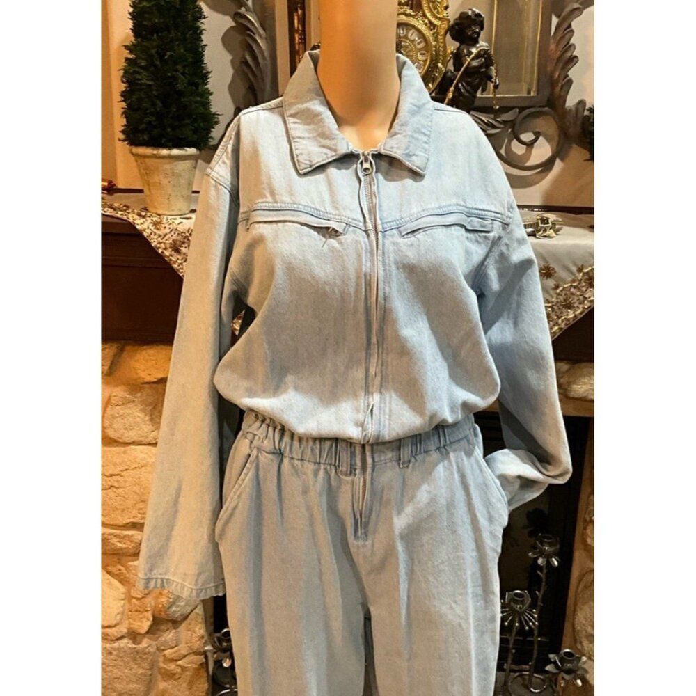 pull & bear light blue jean denim long sleeve Full Length jumpsuit Small - Picture 2 of 7